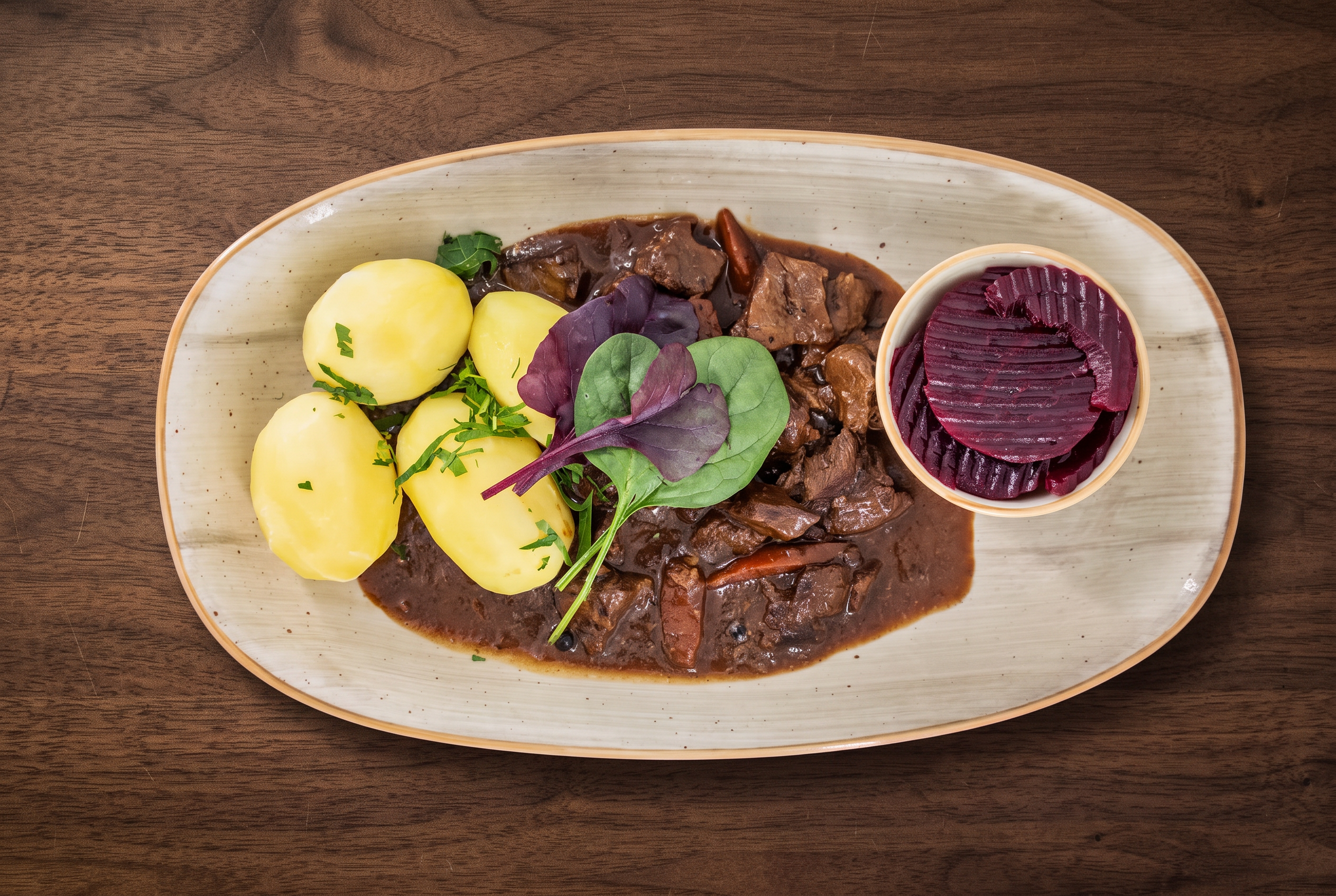 Kalops med kokt potatis, rödbetor och sås