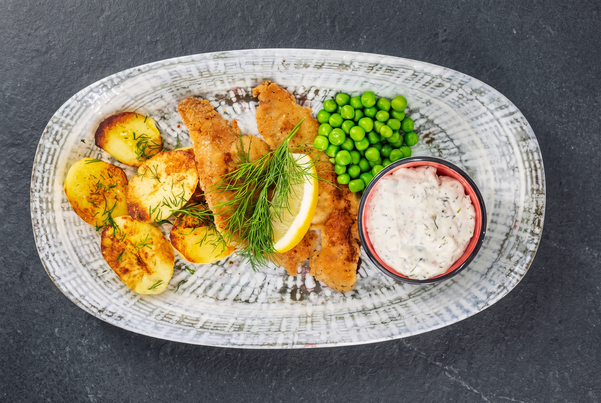 Panerad fisk med rostad potatis, ärtor, citron och dill