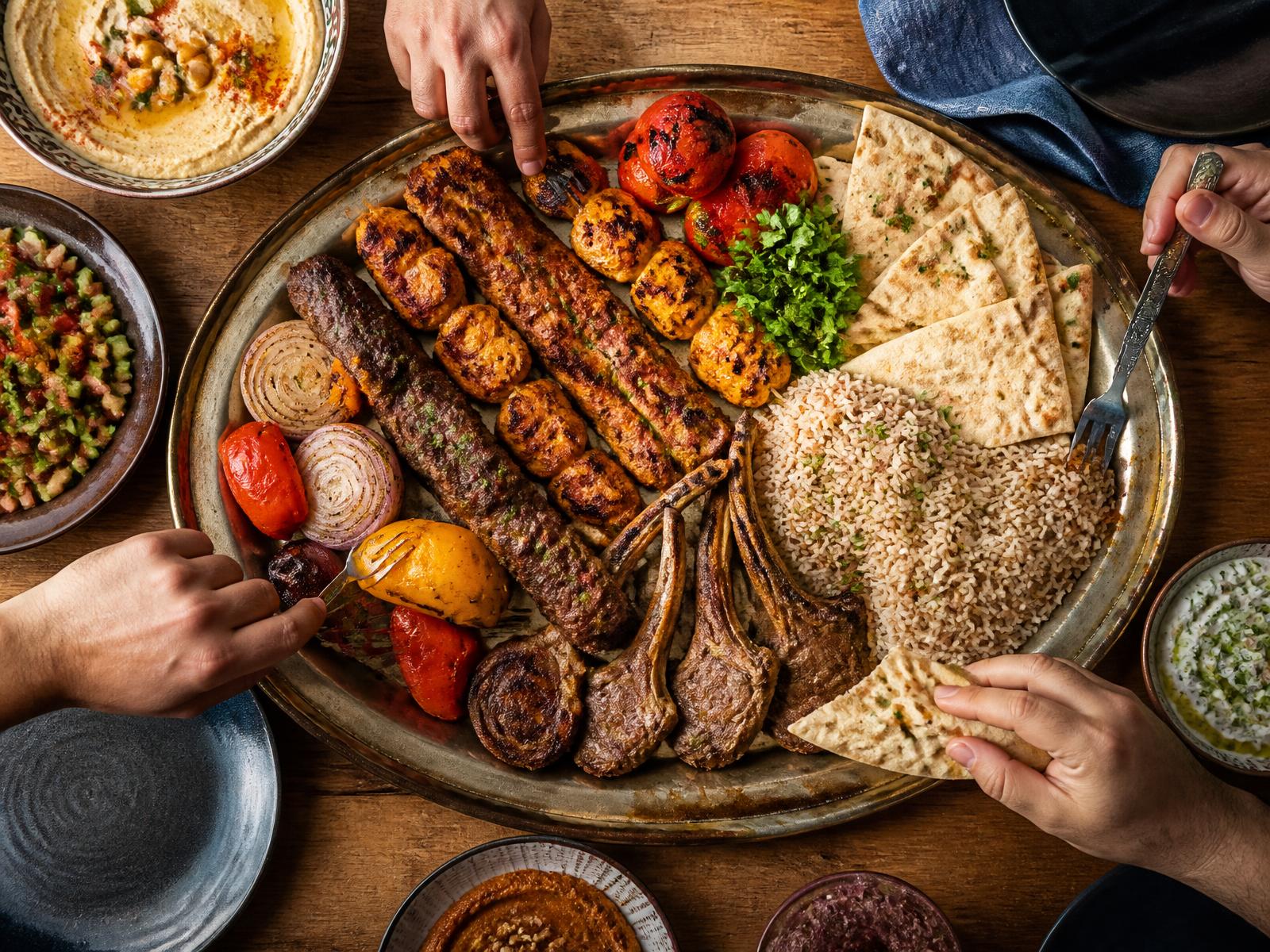Stor familjebricka med grillat kött, bröd och ris som delas vid bordet