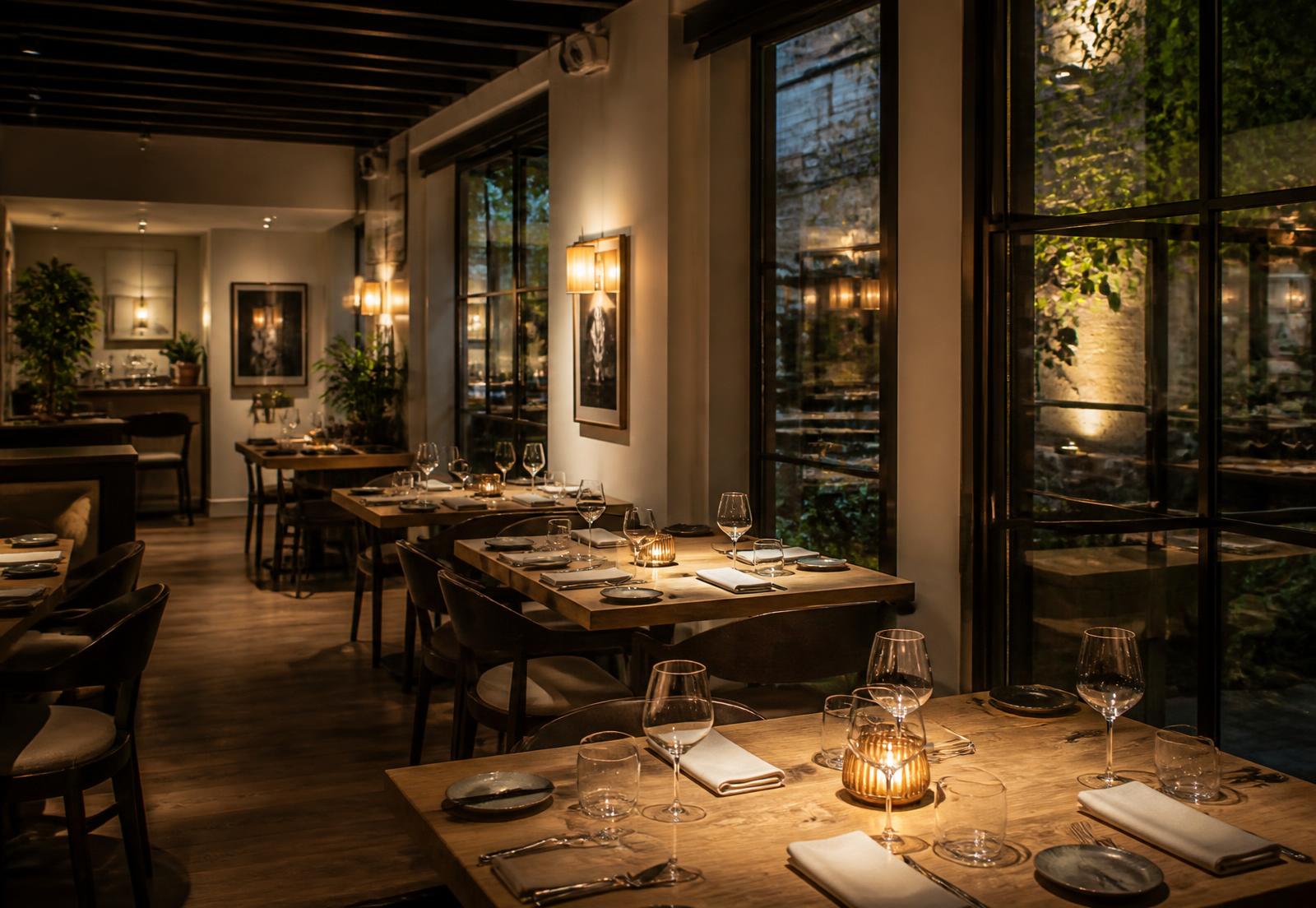 Varm restaurangmiljö med dukade bord