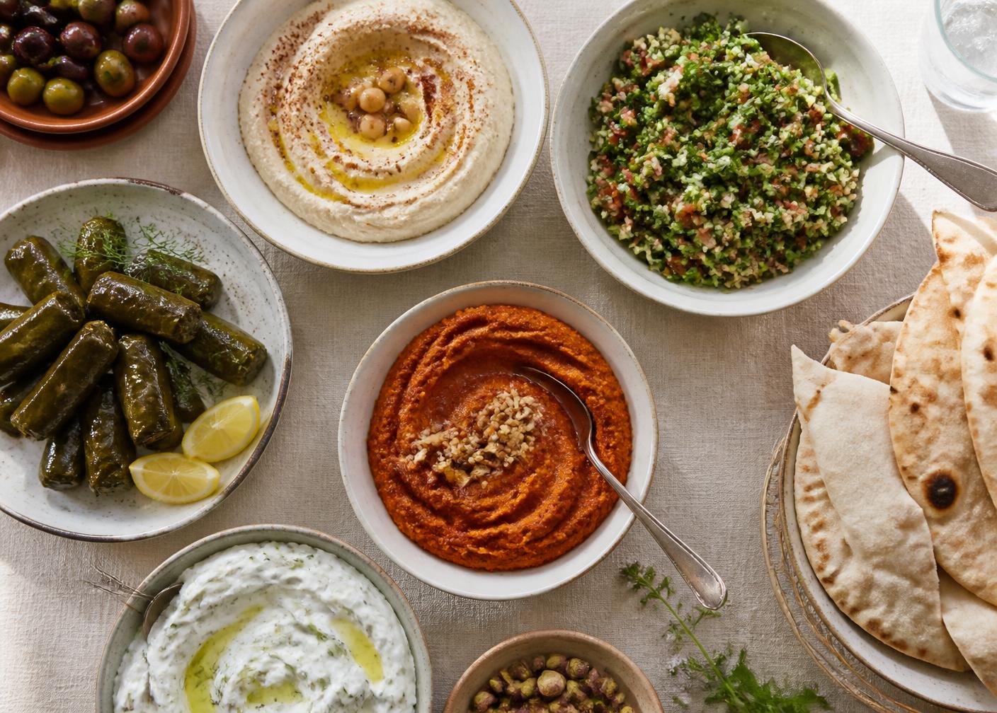Meze med hummus, tabouleh, muhammara och bröd